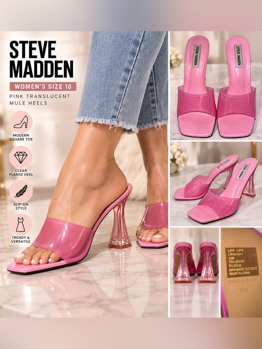 Steve Madden Pink Translucent Mule Heels size 10